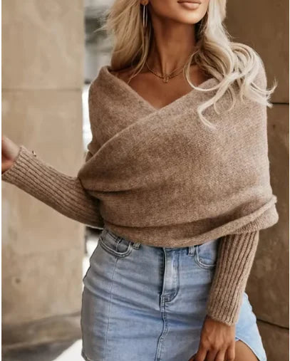 V-Neck Crossover Off-Shoulder Sweater – Cozy, Chic, and Effortlessly Stylish