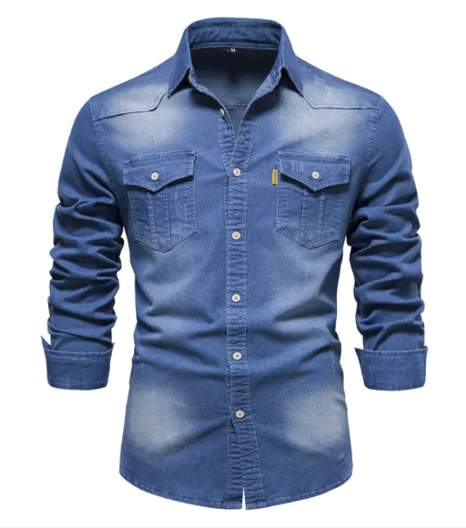 Denim Men's Casual Solid Color Long Sleeve Shirt – Classic Style with a Modern Fit